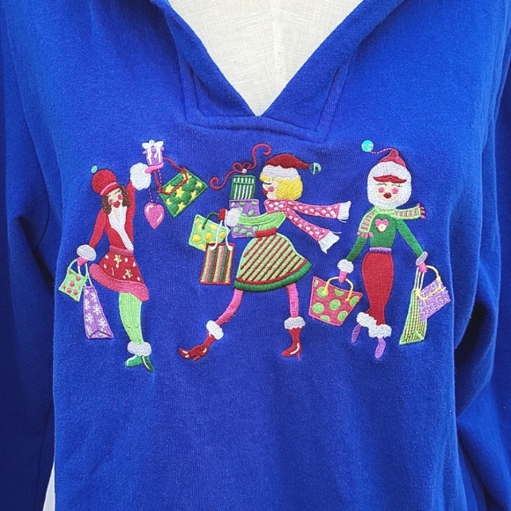 Ladies Merry & Bright knit hooded pullover, royal blue, v-neck, Christmas, 1X